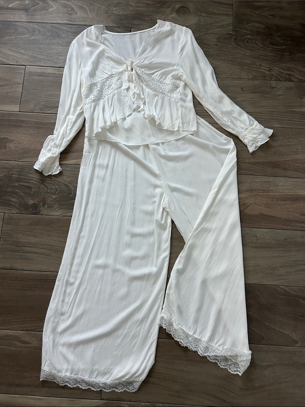 Boho Ivory Lace-Trim Two-Piece Wide Leg Cropped Tie Front Pajama Set